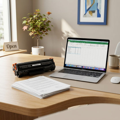 Scale reference of HP 410X High Yield Black toner cartridge on an office desk next to a laptop.