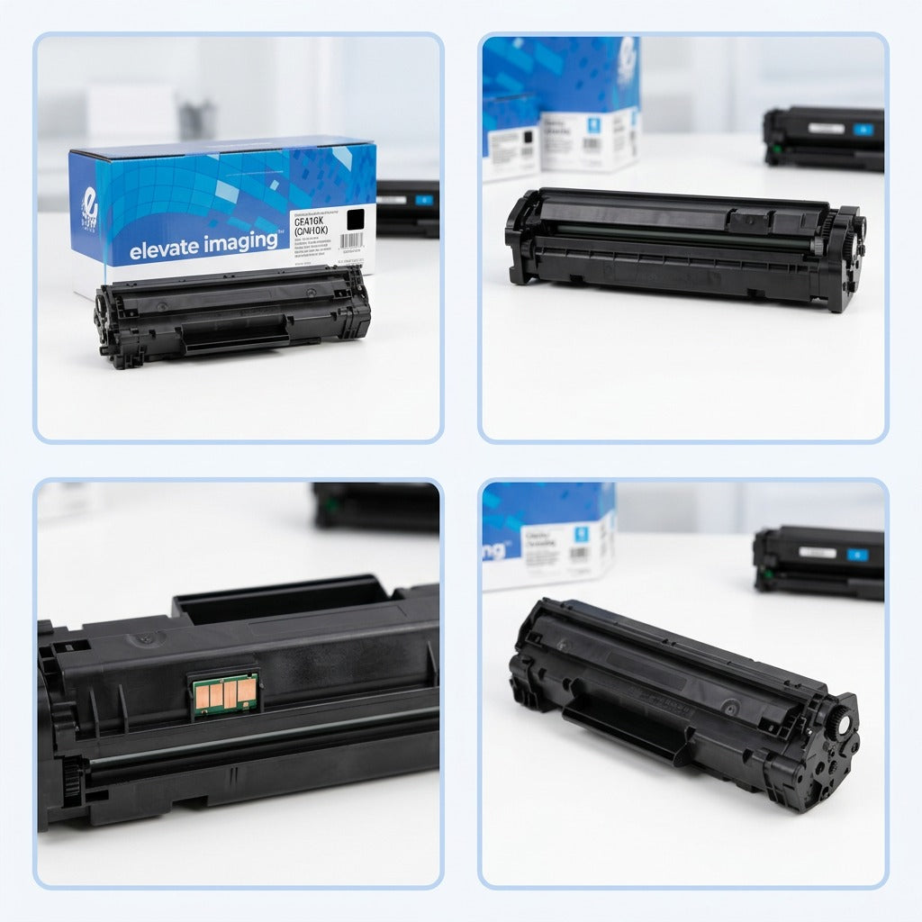 A product matrix for Elevate Imaging HP 410X black toner showing the cartridge, box, and key angles.