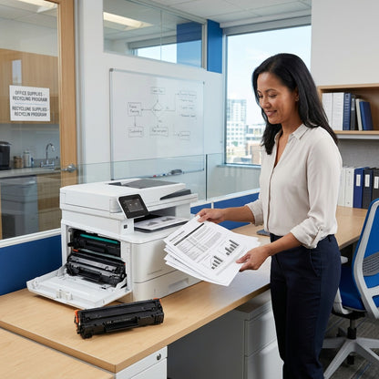 Professional picks up printed reports near HP 410X High Yield Black toner cartridge and printer.
