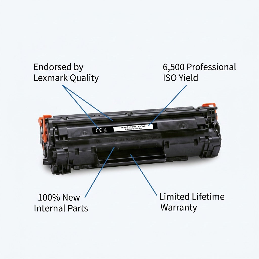 Elevate Imaging HP 410X toner cartridge diagram highlighting Lexmark quality and 6,500 page yield.