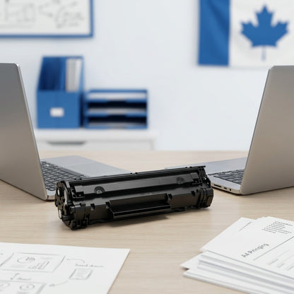 HP 202X Black Toner Cartridge shown for scale on an office desk next to laptops and documents.