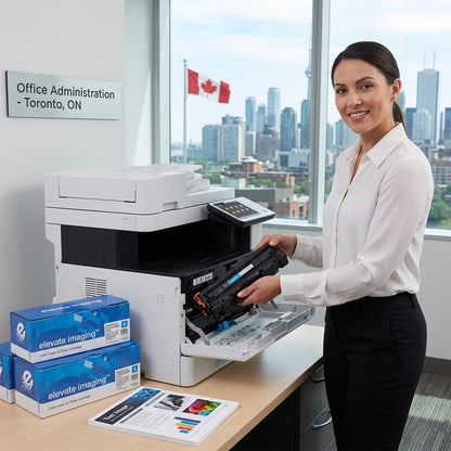 A professional in a Toronto office installing an Elevate Imaging HP 202X black toner cartridge.