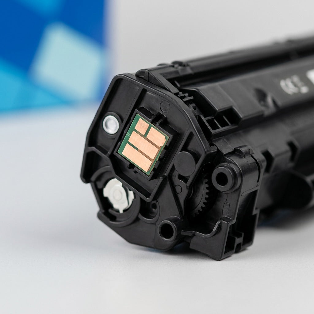 Macro detail of the electrical contact chip on an HP 202X (CF500X) black toner cartridge.