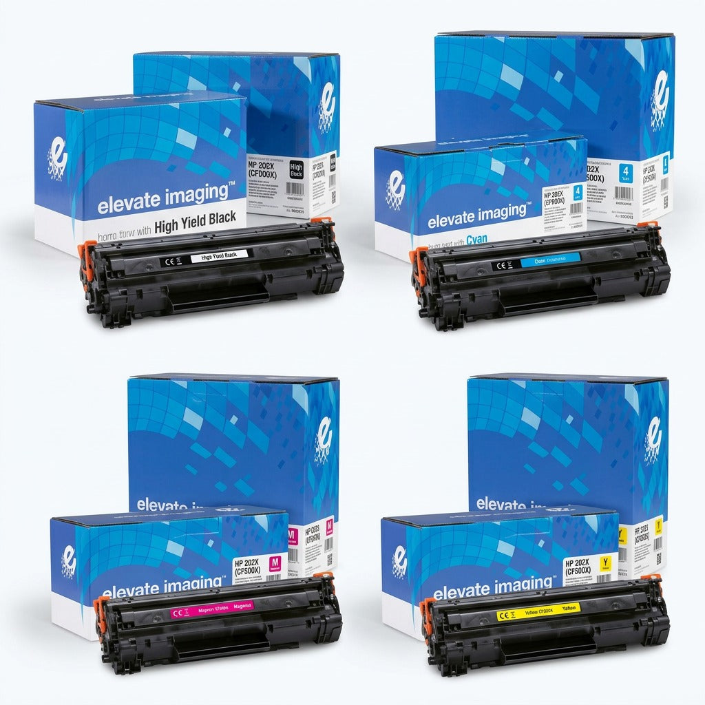 Grid of Elevate Imaging HP 202X high yield black, cyan, magenta, and yellow remanufactured cartridges.