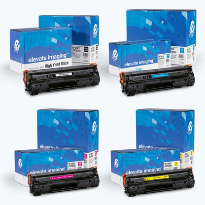 Grid of Elevate Imaging HP 202X high yield black, cyan, magenta, and yellow remanufactured cartridges.