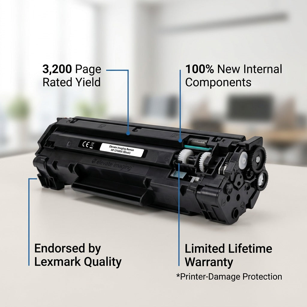 Elevate Imaging 202X Black Toner with callouts for 3,200 page yield and lifetime warranty.