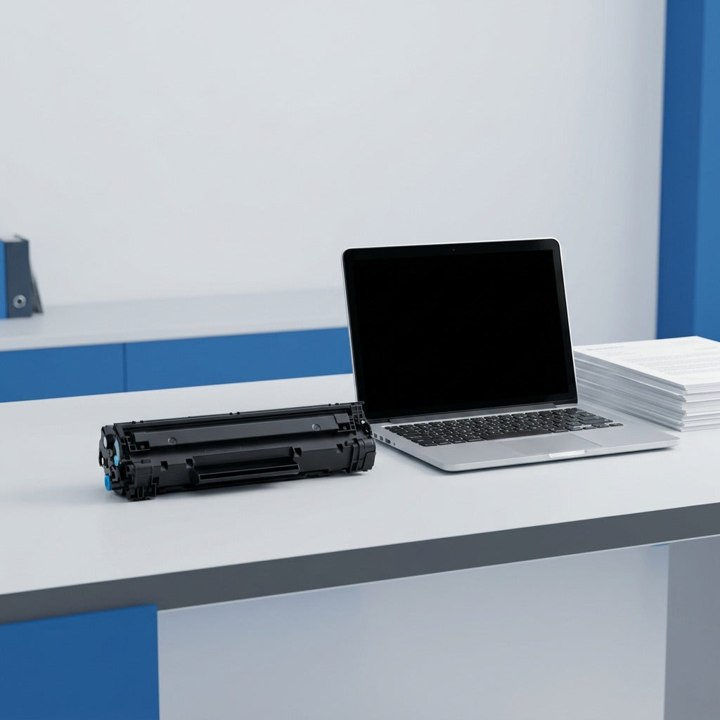 HP 202X (CF501X) cyan toner cartridge on a desk next to a laptop and documents for scale.