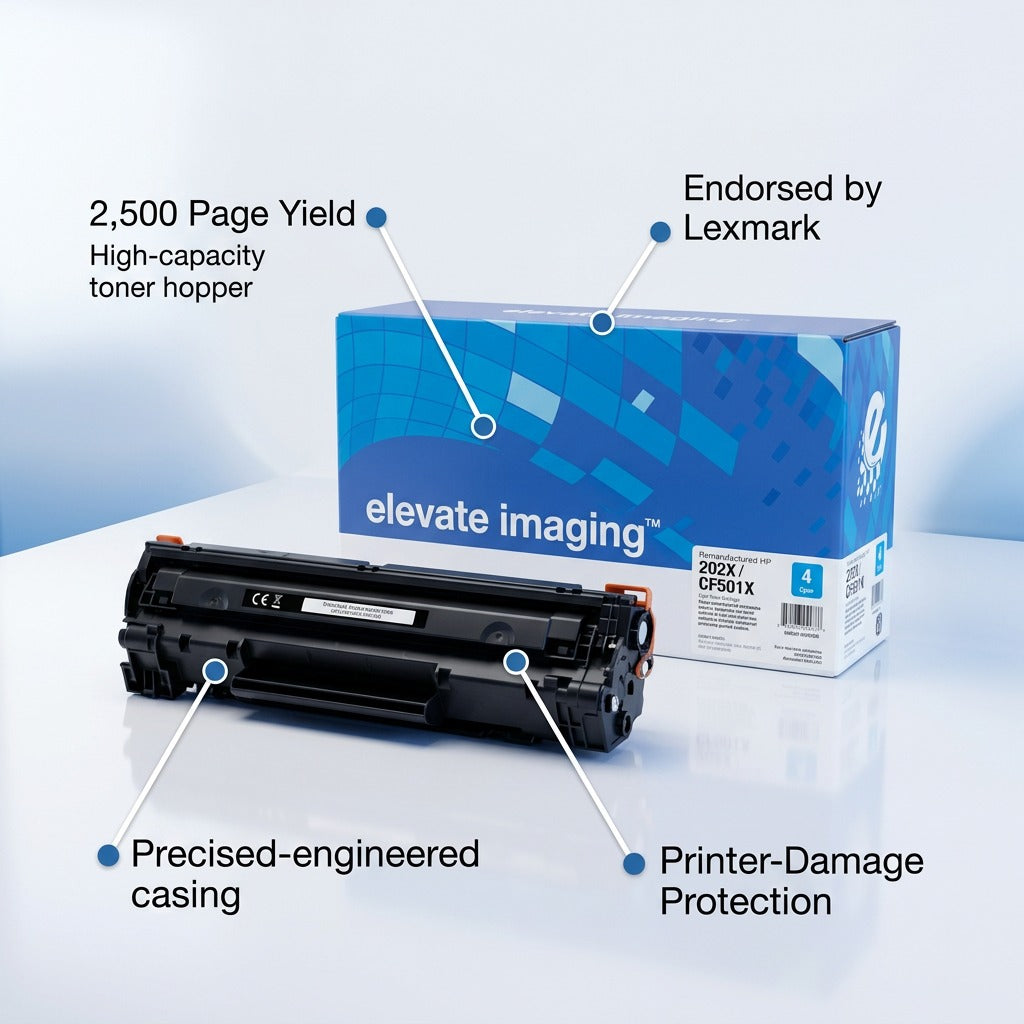 Elevate Imaging HP 202X cyan toner cartridge featuring 2,500 page yield and Lexmark endorsement.