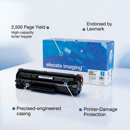 Elevate Imaging HP 202X cyan toner cartridge featuring 2,500 page yield and Lexmark endorsement.