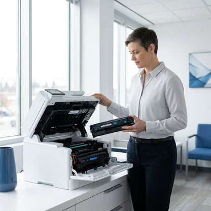 Office manager installing an HP 202X (CF501X) cyan toner cartridge into a white laser printer.