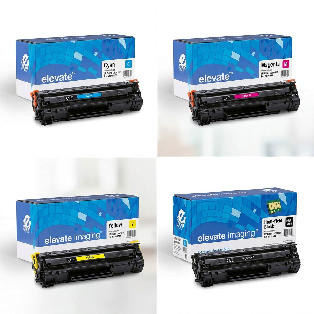 Elevate Imaging remanufactured HP 202X toner cartridges in cyan, magenta, yellow, and black.