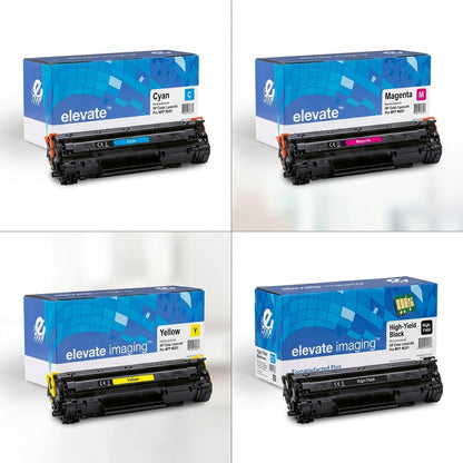 Elevate Imaging remanufactured HP 202X toner cartridges in cyan, magenta, yellow, and black.