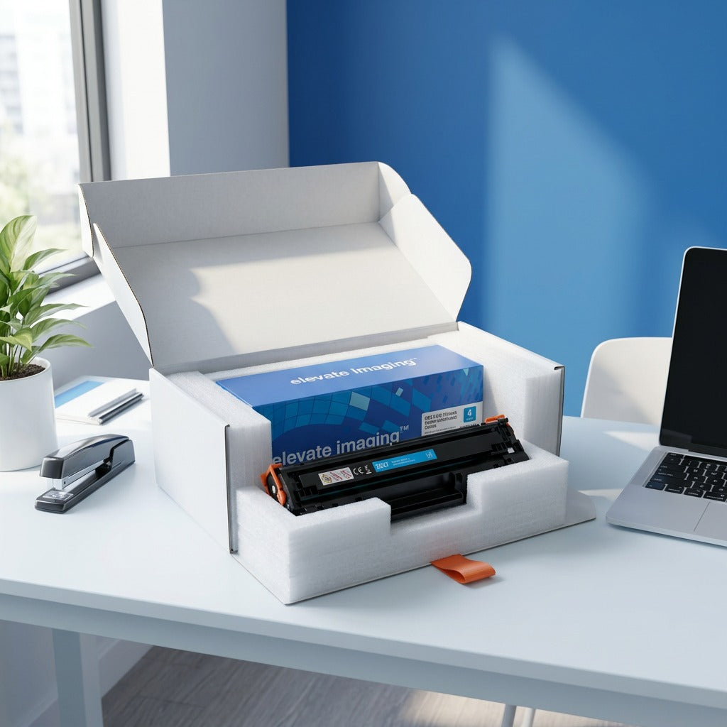 Elevate Imaging HP 202X Cyan Toner Cartridge inside protective foam unboxing on an office desk.