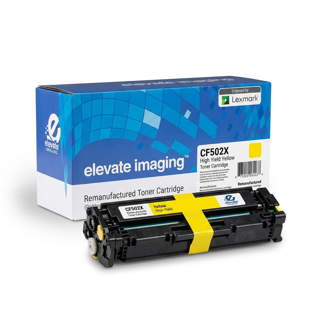 Elevate Imaging remanufactured CF502X high yield yellow toner cartridge with branded retail box.