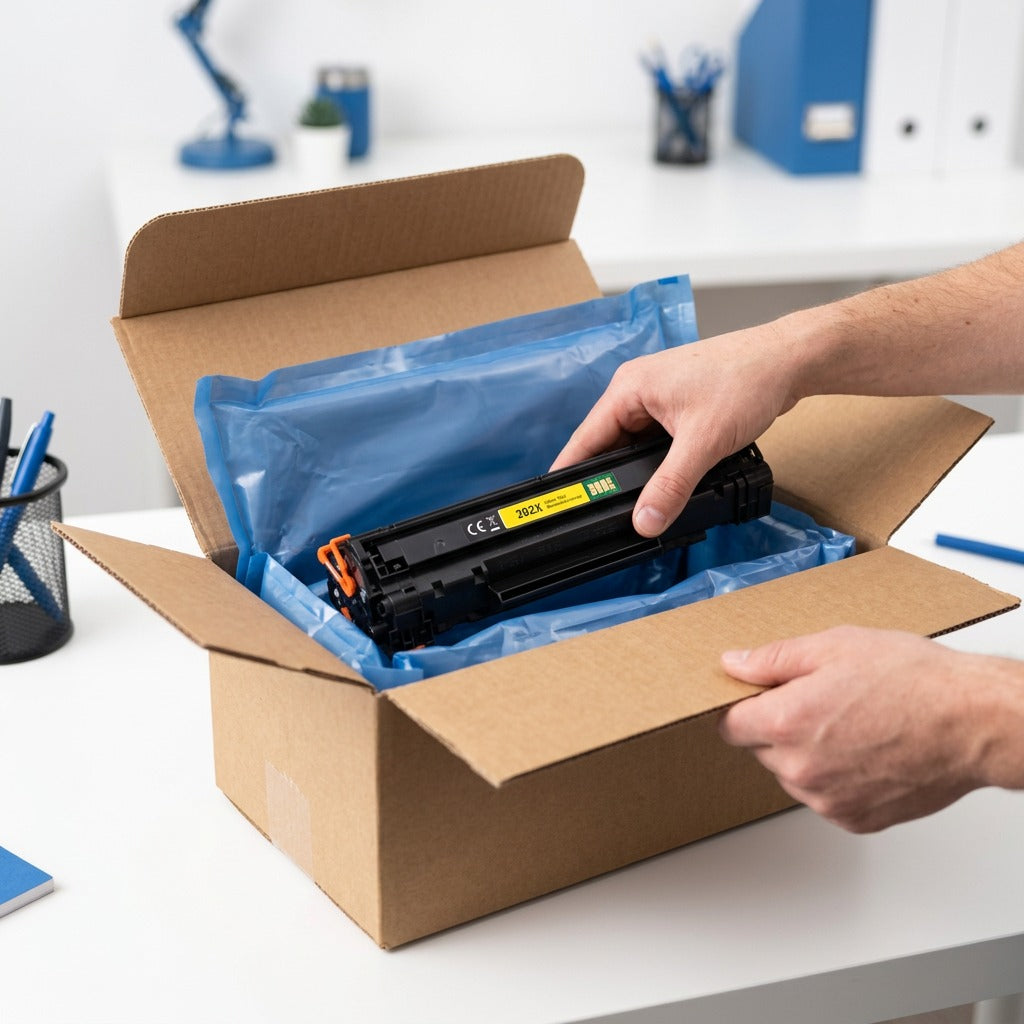 A hand lifts an HP 202X CF502X Yellow toner cartridge from a shipping box with blue air cushioning.