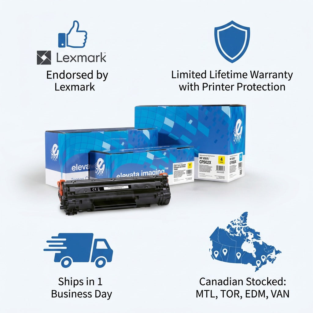 Elevate Imaging remanufactured HP 202X yellow toner cartridge with Lexmark endorsement and warranty.