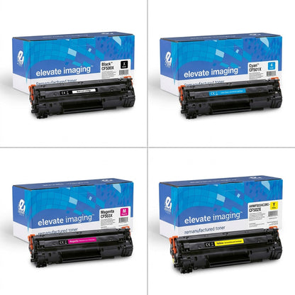 Elevate Imaging HP 202X set: Black, Cyan, Magenta, and Yellow CF502X remanufactured toner cartridges.