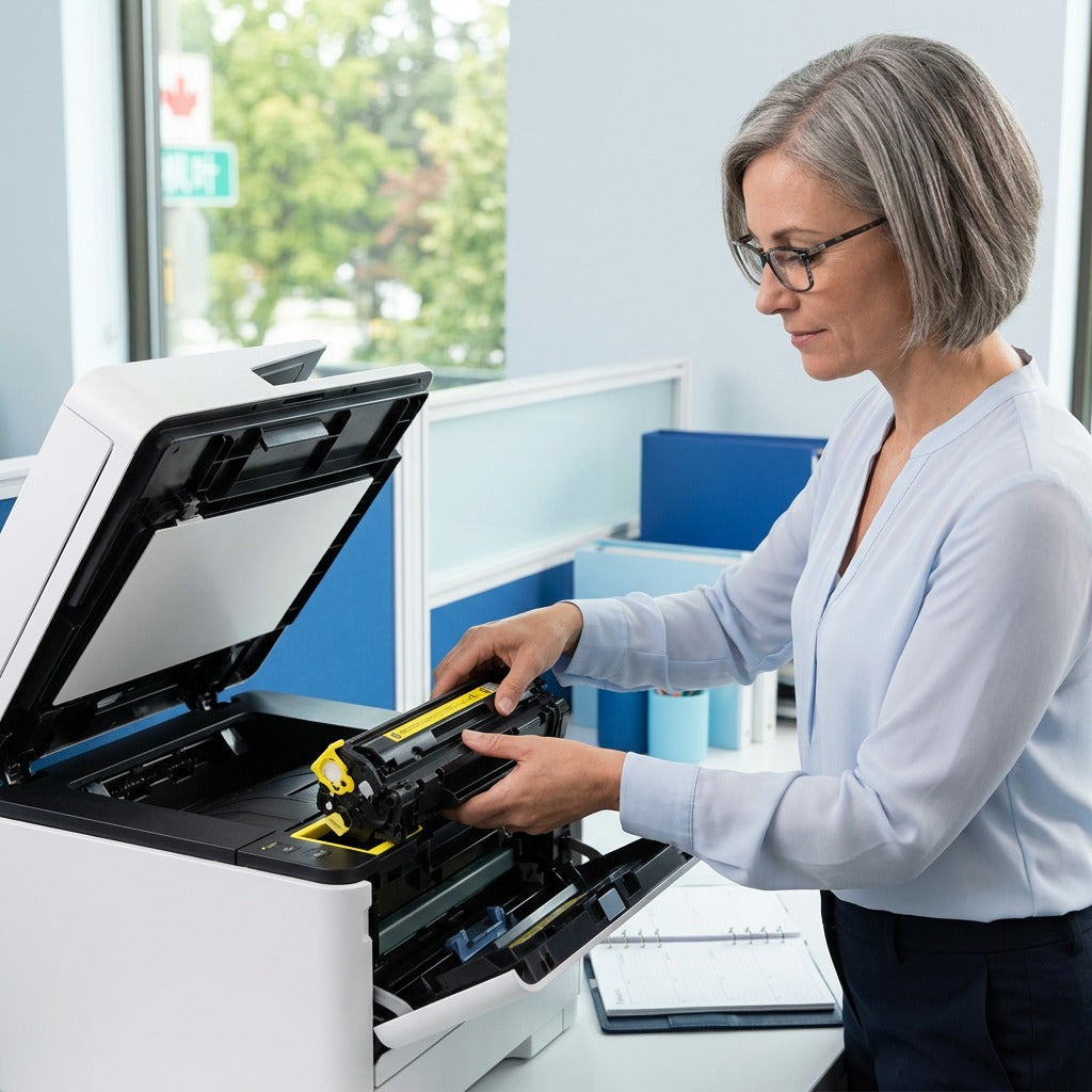 Professional installs an Elevate Imaging yellow HP 202X toner cartridge into a laser printer.