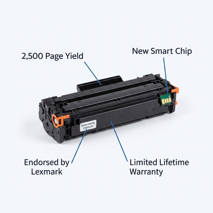 Elevate Imaging yellow toner cartridge with callouts: 2500 page yield, smart chip, and warranty.