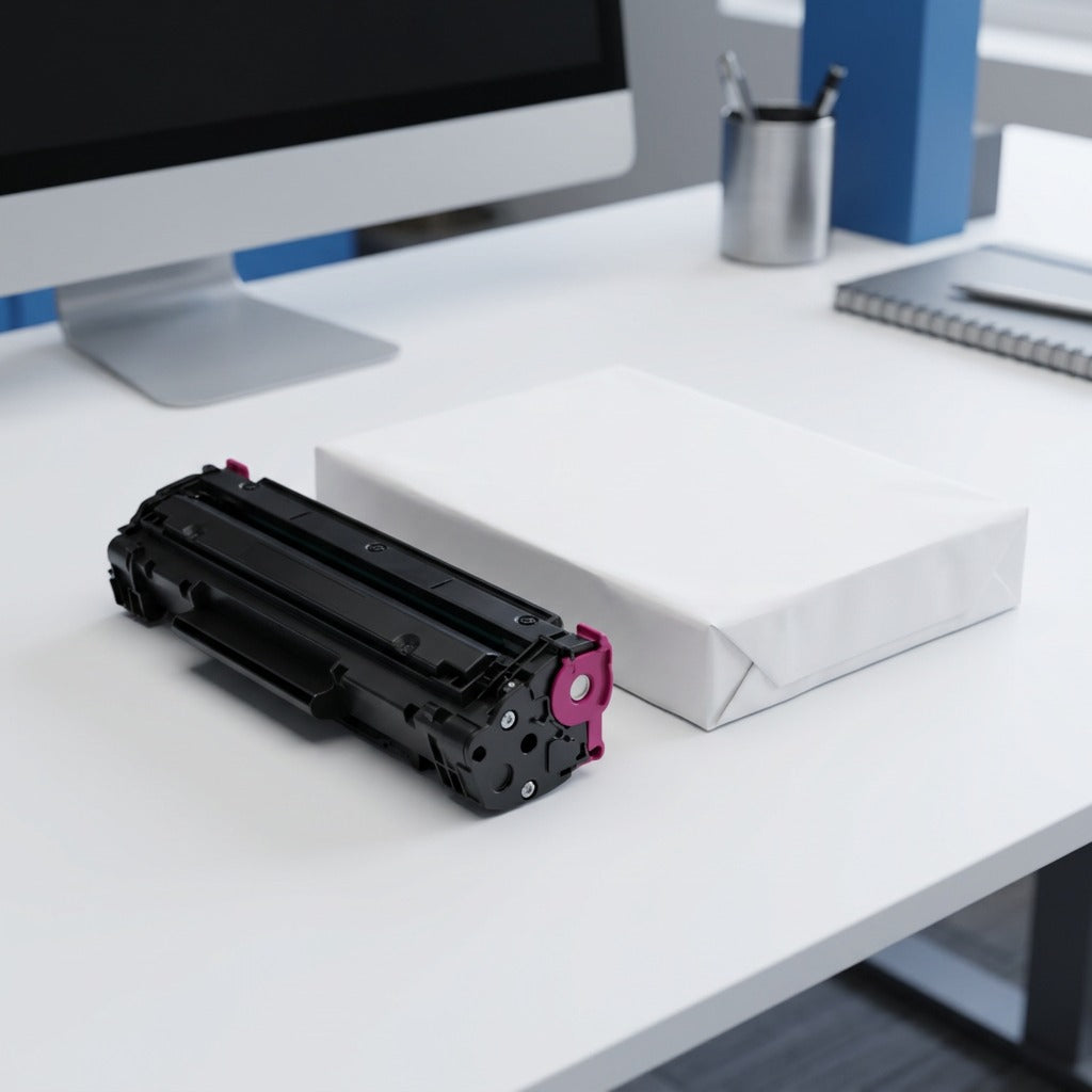 Elevate Imaging remanufactured HP CF503X magenta toner cartridge on a desk next to a ream of A4 paper.