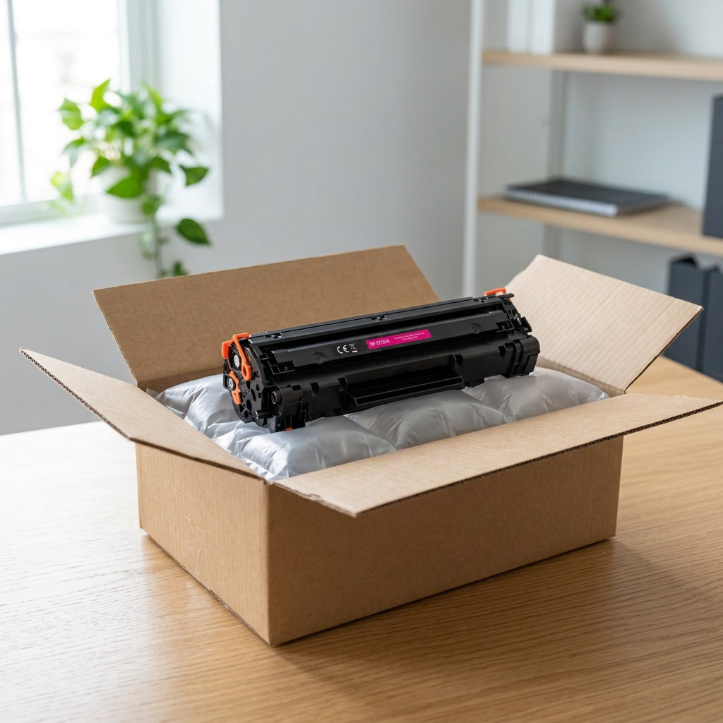Elevate Imaging HP CF503X Magenta Toner in shipping box with air cushions on white-oak desk.