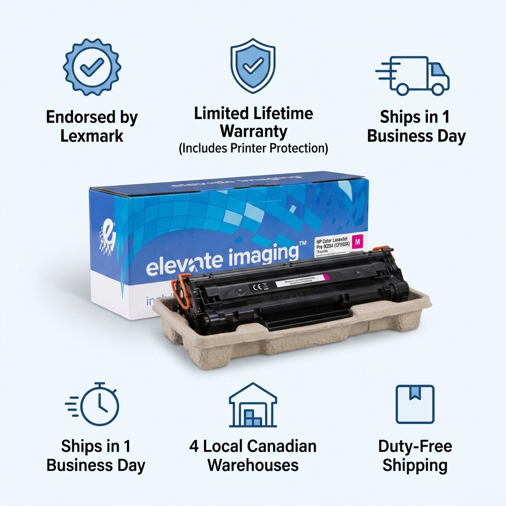 Infographic for Elevate Imaging CF503X Magenta Toner featuring Lexmark endorsement and fast shipping.