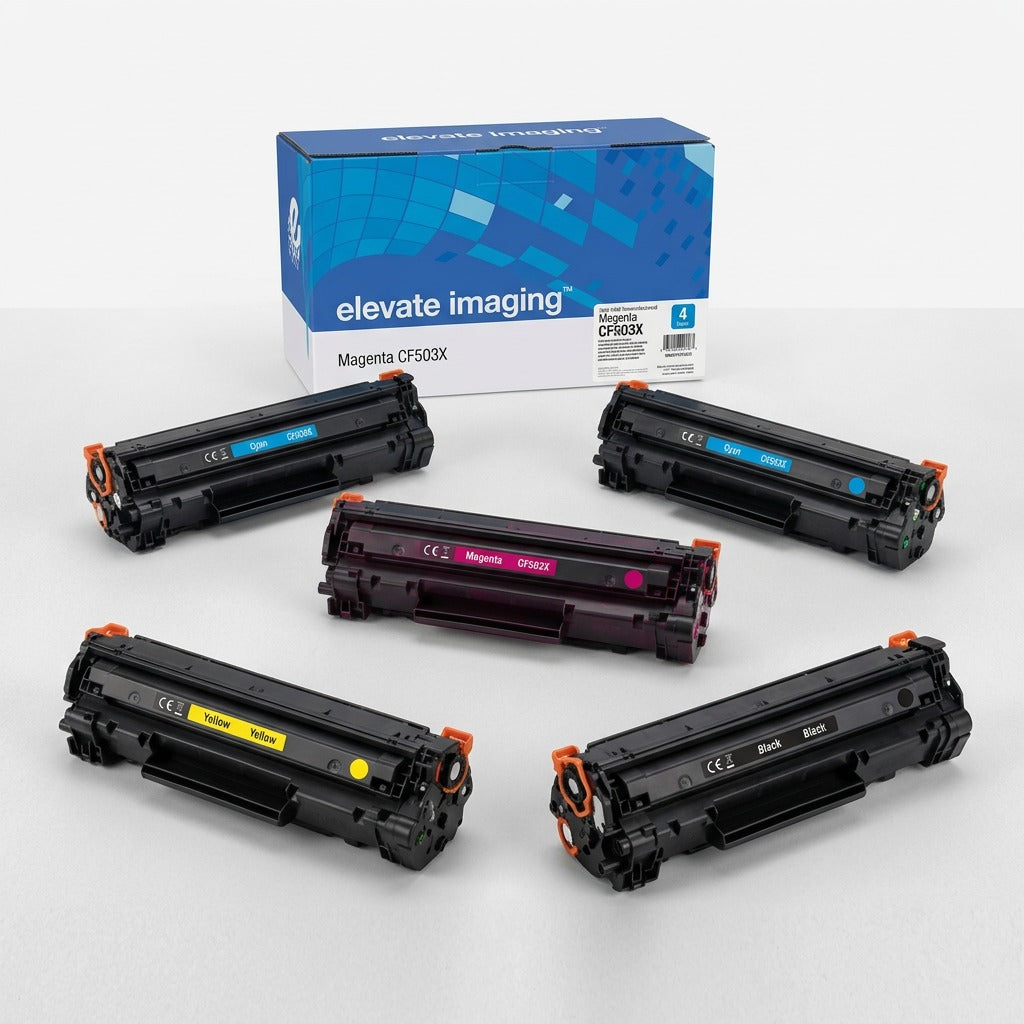 Elevate Imaging CF503X toner cartridges in magenta, cyan, yellow, and black with brand packaging.